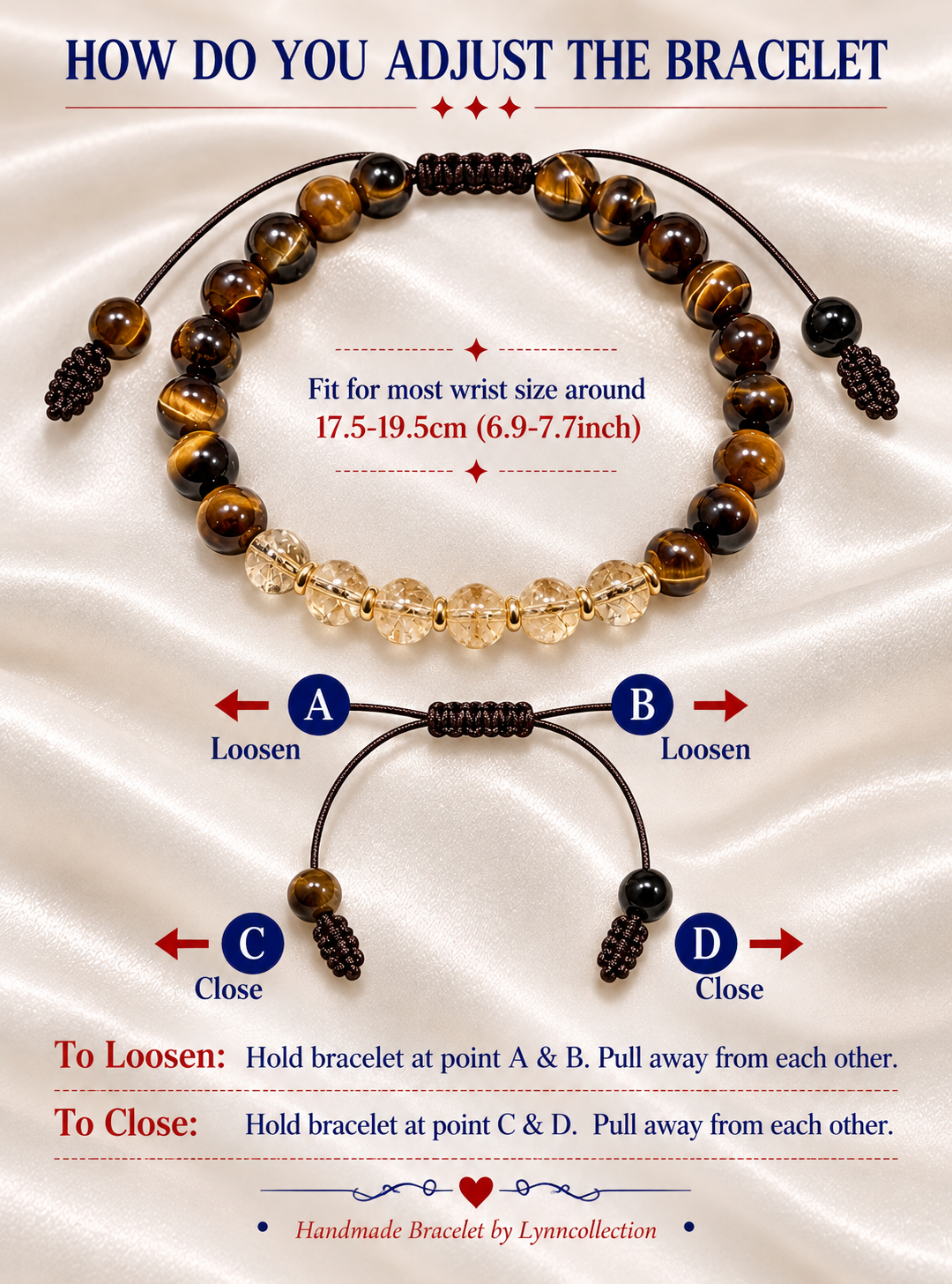 Handmade Bracelet for HIM OR HER. With  6mm yellow tiger’s eye, 6mm citrine crystal, 14K Gold Plated Spacer Beads, Adjustable knotted cord