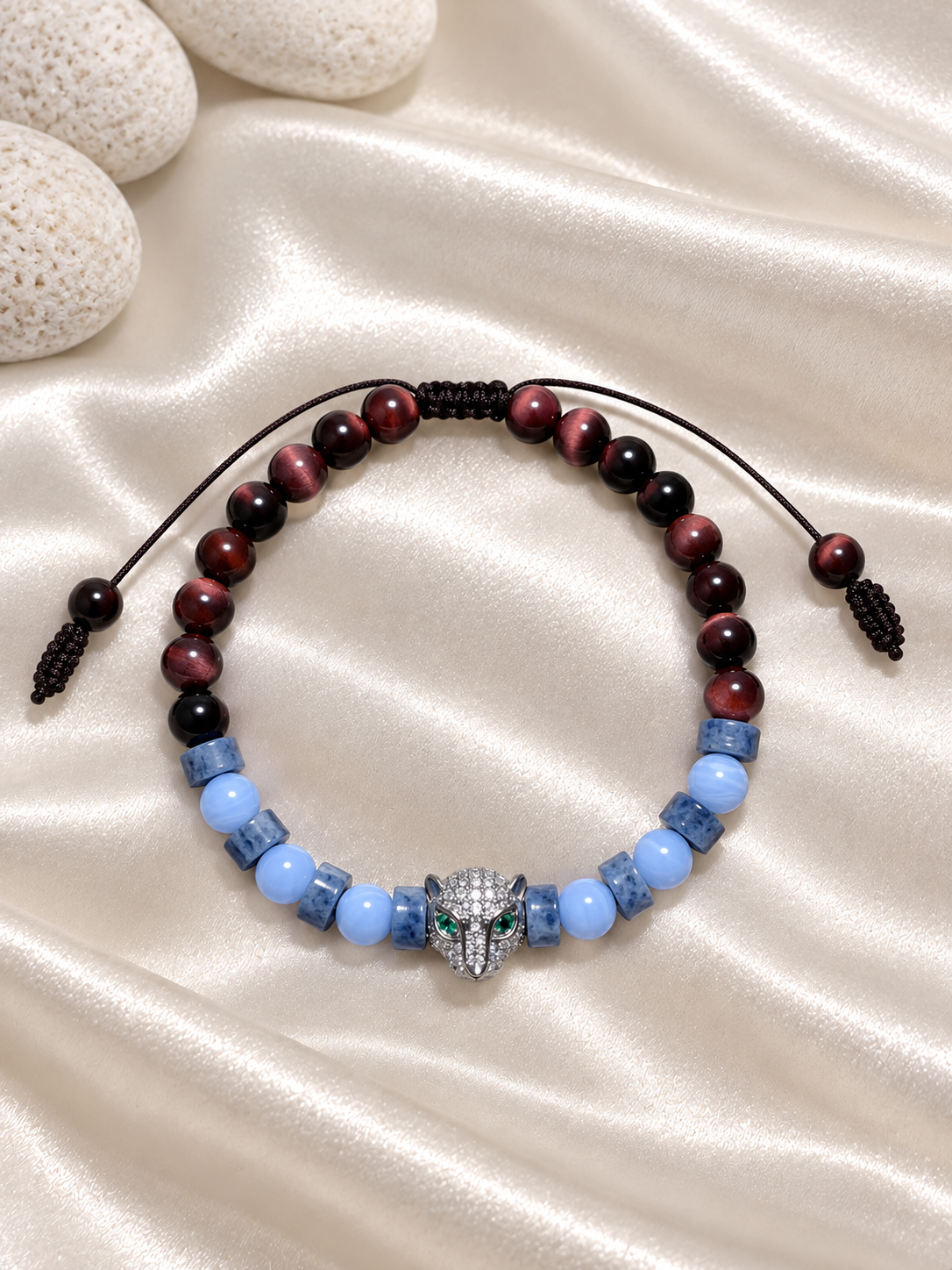 Handmade Bracelet for HIM OR HER.With  6mm Red Tiger’s eye, 6mm blue lace agate, Leopard Charms Spacer Bead, 2x6mm Blue and White Sodalite