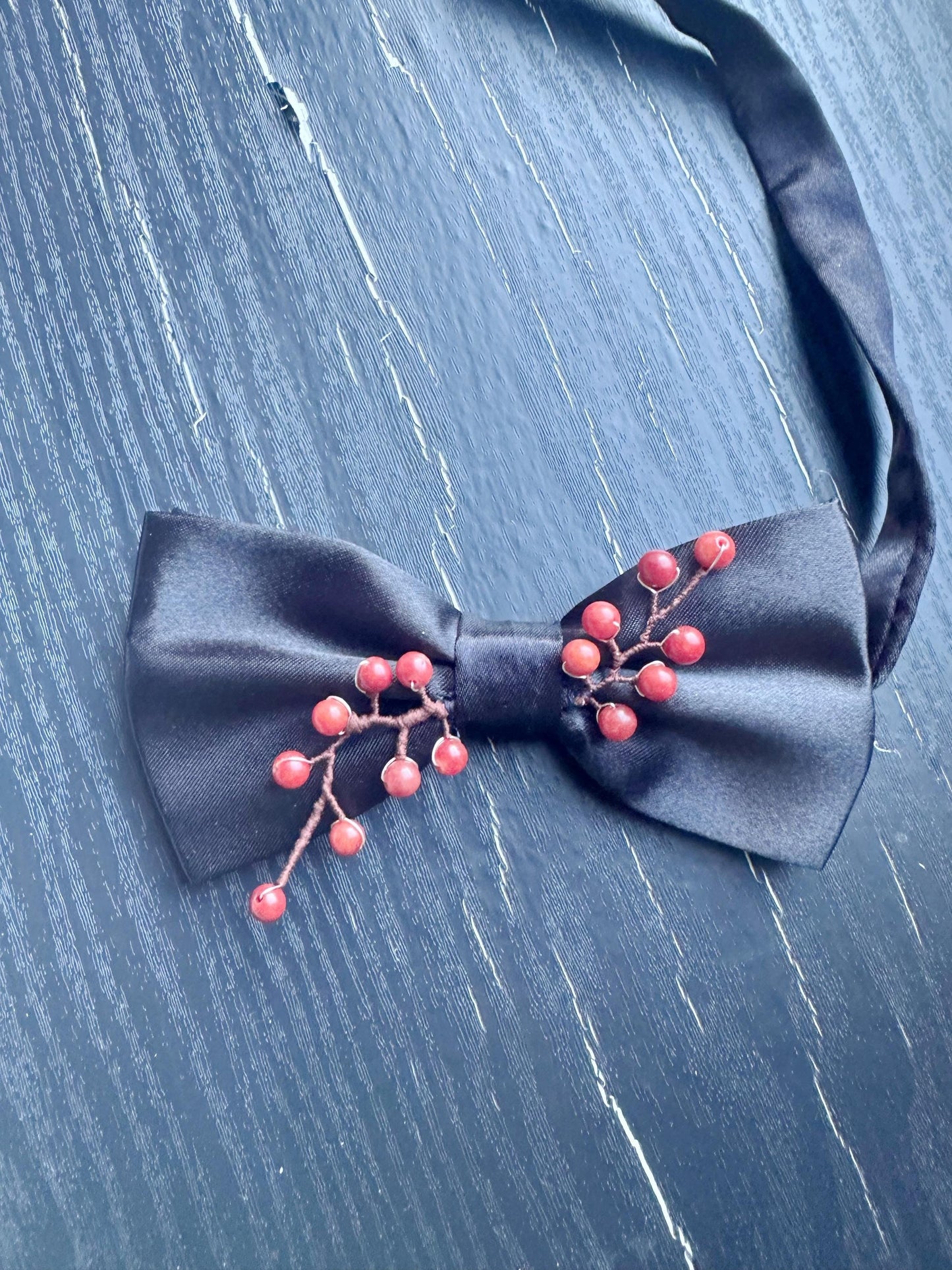 Handmade Bow Tie for women Men,Boys – Black Satin Bow Tie Red Coral beads made Cherry Blossom Branch – Asian Inspired , Formal Accessory