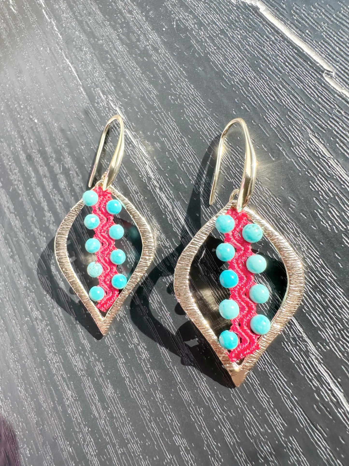 Macrame Turquoise Earrings, 18K Gold Plated, Dangle Earrings