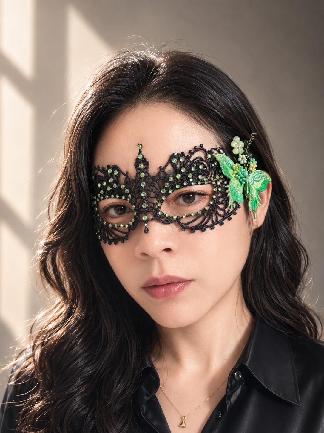 Handmade black lace masquerade mask with green color embroidered butterfly, green color rhinestones, and floral bead embellishments