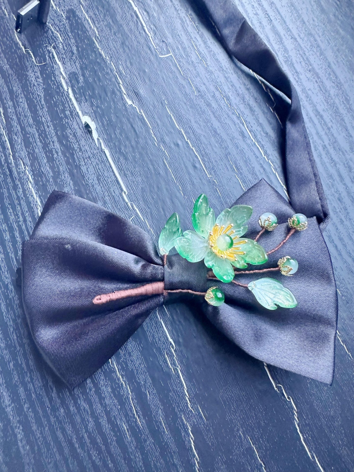 Handmade Bow Tie for women Men,Boys – Black Satin Bow Tie with green Color flower Blossom Branch – Asian Inspired Wedding Formal Accessory