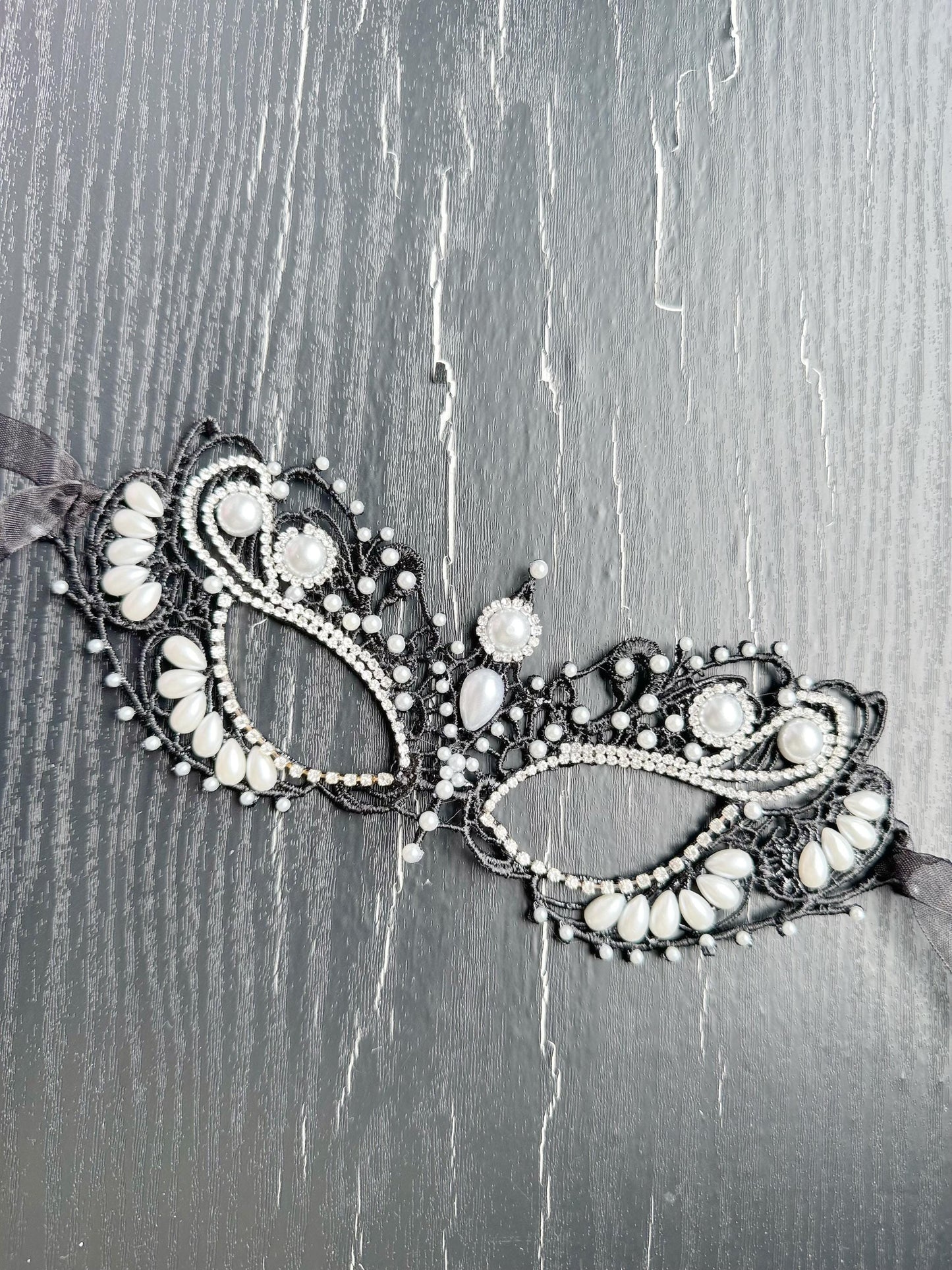 Black color Lace Masquerade Mask, Embroidered Party Mask with white Resin beads and rhinestone, party mask