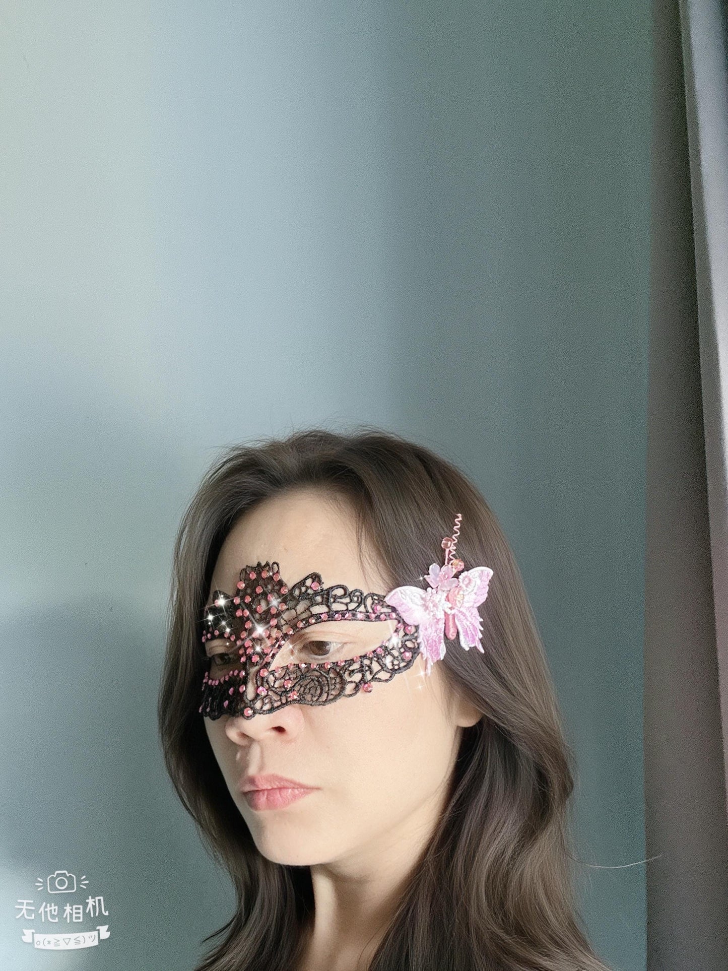 Black Lace Masquerade Mask, with Pink Color rhinestone and butterfly, handmade flowers Mask for Ball Party/Halloween