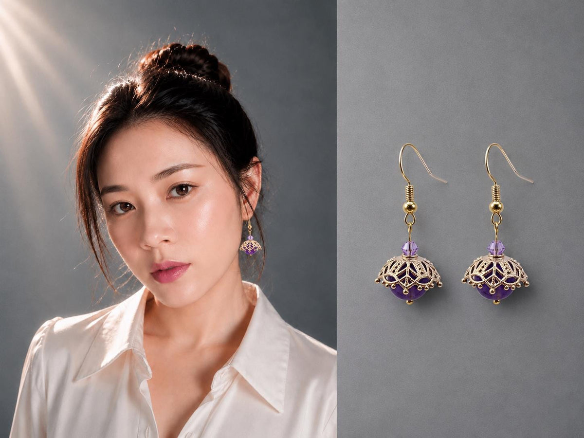 handmade earrings,  Dangle Earrings, Gold plated Hook with Amethyst