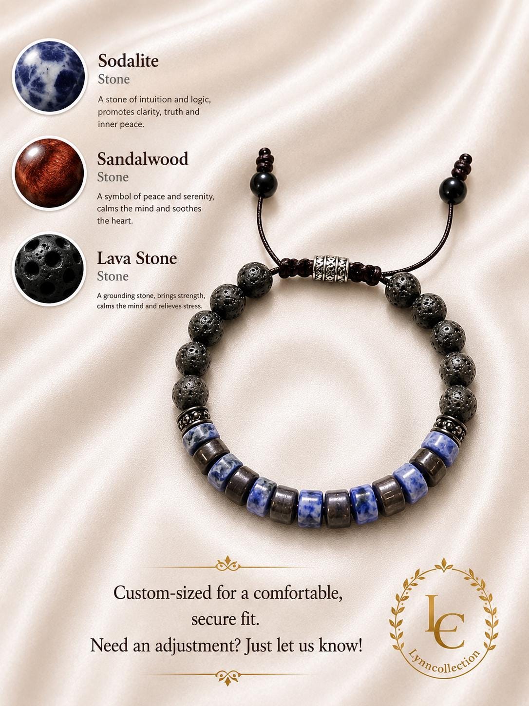 Lava Stone Beaded Bracelet for Men and Women – Sodalite, Lava Stone, Natural Ebony Wood, Beads Size: 6mm, Adjustable Length