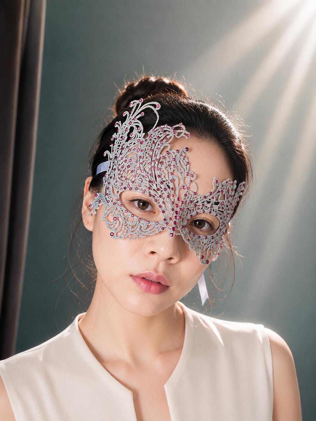 Lace Masquerade Mask: Red Rhinestones, Embroidery, Elastic Ribbon