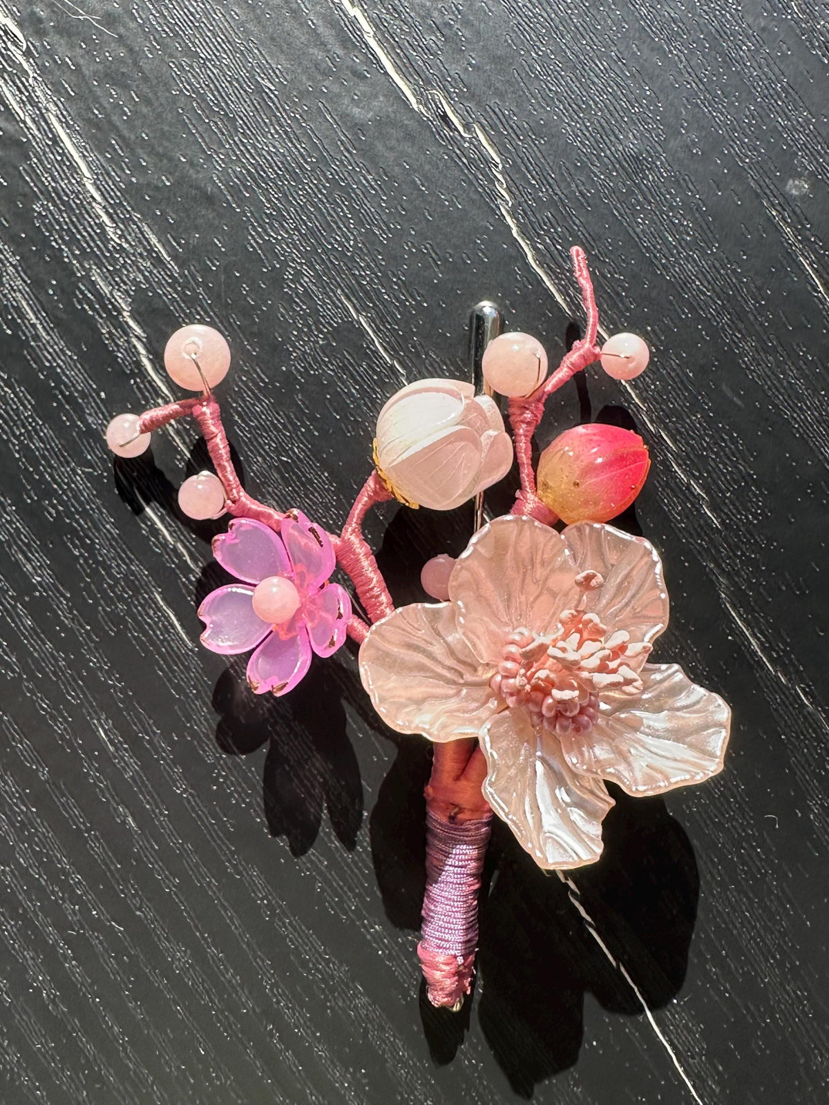 Handmade  brooch, pink color acrylic beads and gemstone beads with silk thread