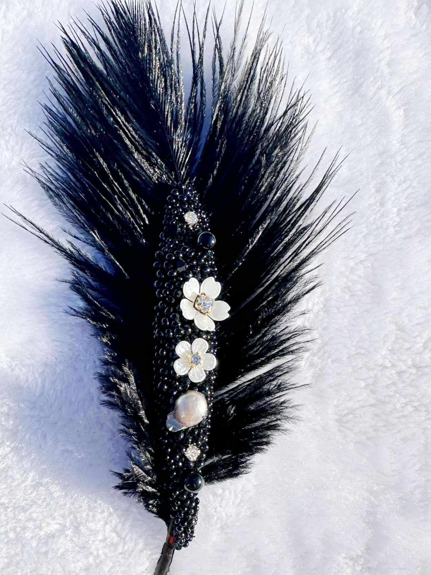 Handmade brooch, beaded and Ostrich feather brooch, size 7”x3”