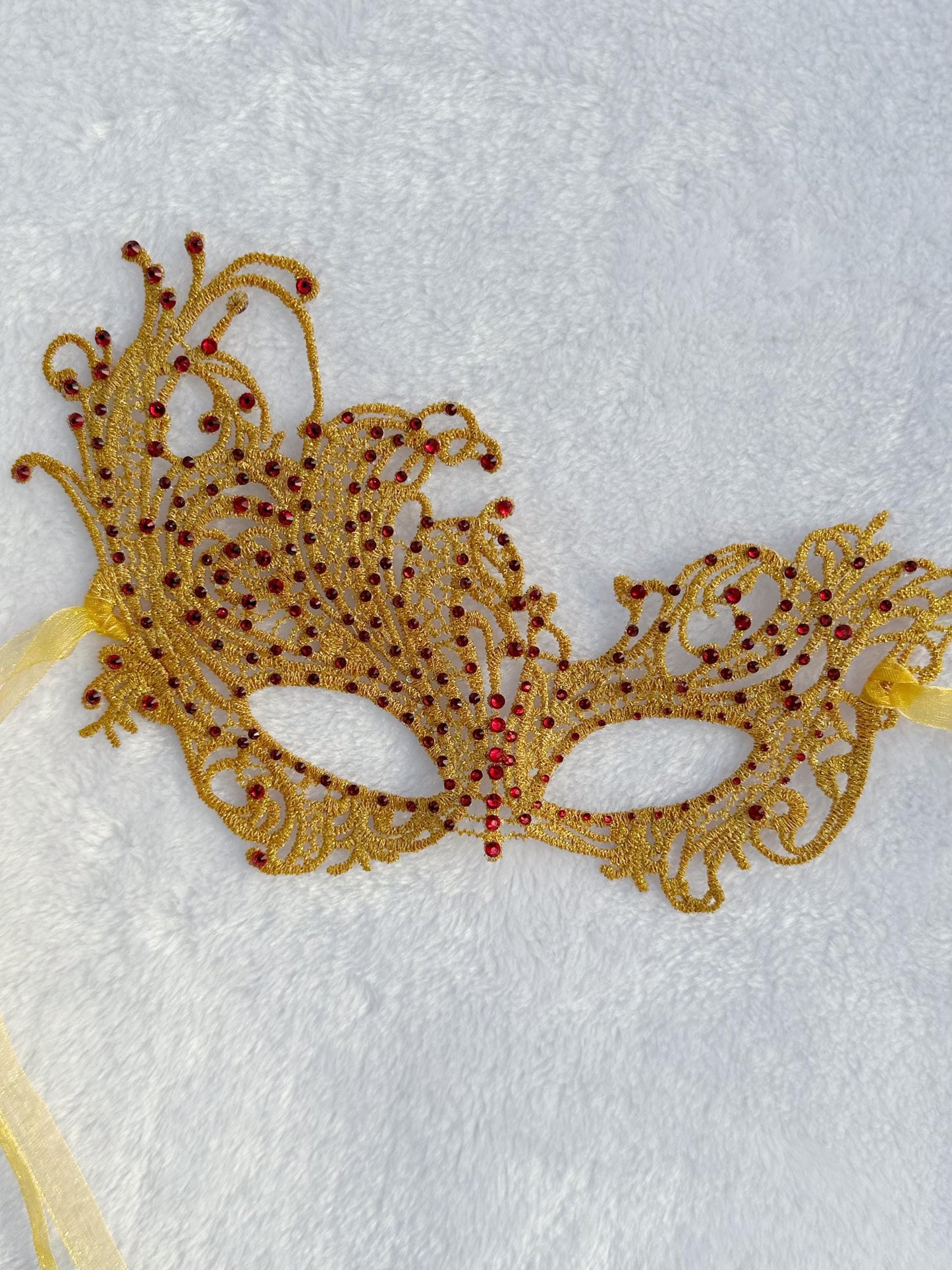Lace Masquerade Mask: Red Rhinestones, Embroidery, Elastic Ribbon