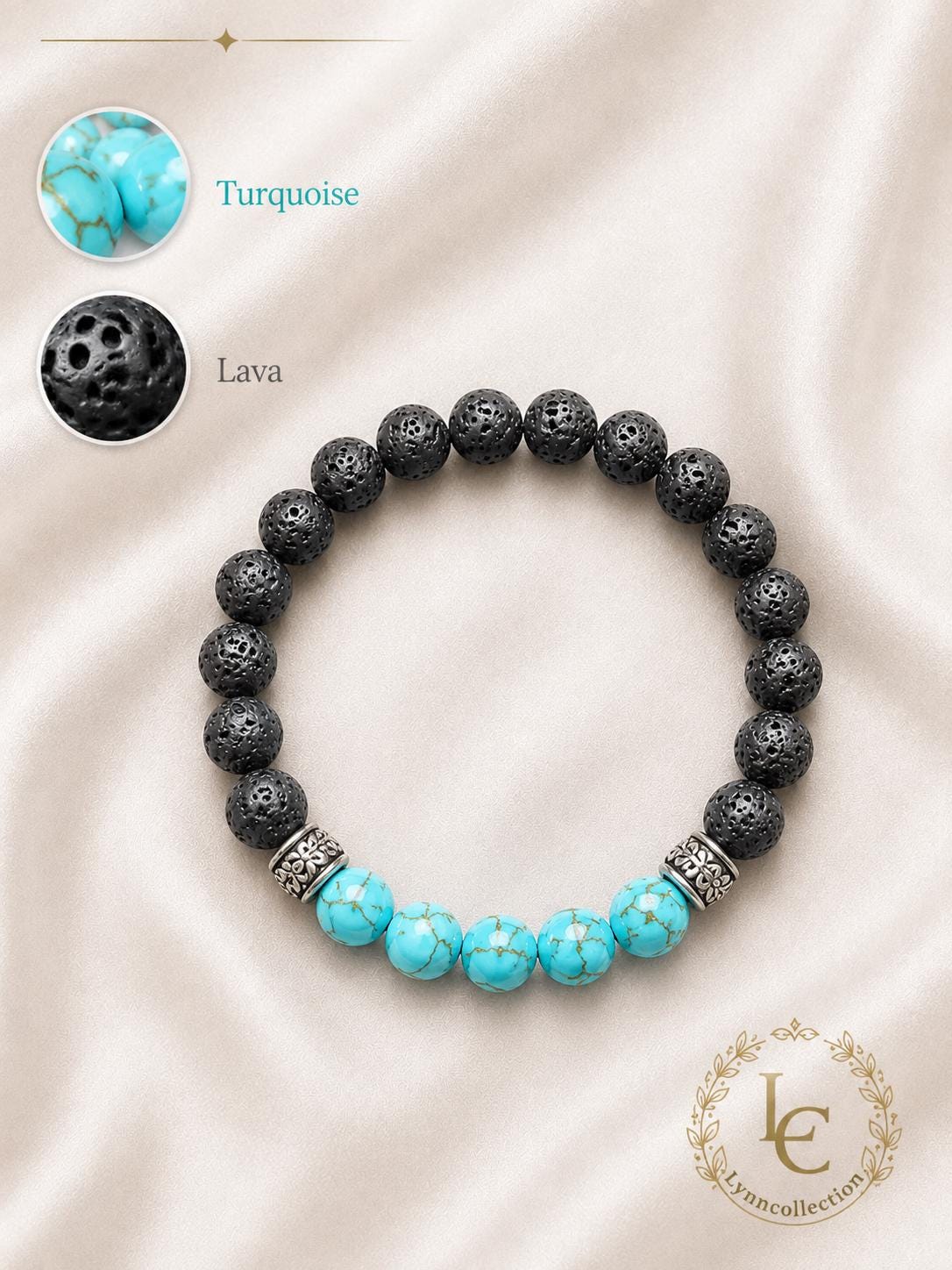 Lava Stone Beaded Bracelet with Turquoise ,Black Volcanic Stone Stretch Bracelet - Gemstone Bracelet for HIM AND HER.