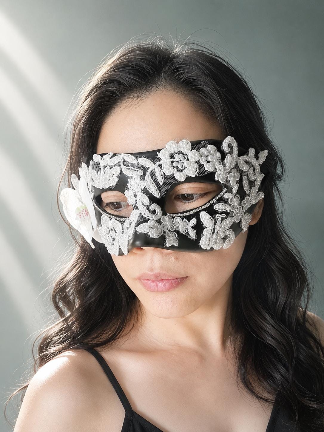 Lace Masquerade Mask: White Orchid with black Venetian Mask and white lace, Mardi Gras Ball (3.15"x7")