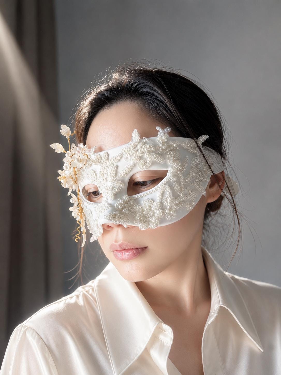 White Venetian Mask,size: (3.15"x7") Handmade White Venetian Mask – Pearl Floral Masquerade Mask, Elegant Costume Mask, Fairy-core, Party