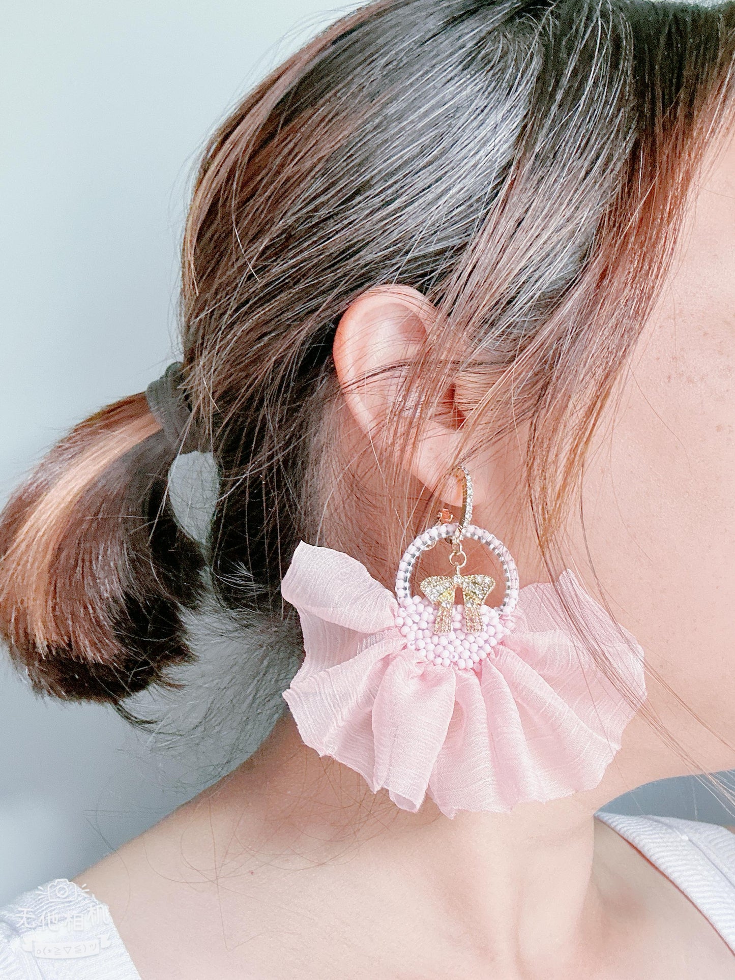 Gold Plated Dangle Earrings: Pink Crinkle Chiffon Ribbon, Glass Bead