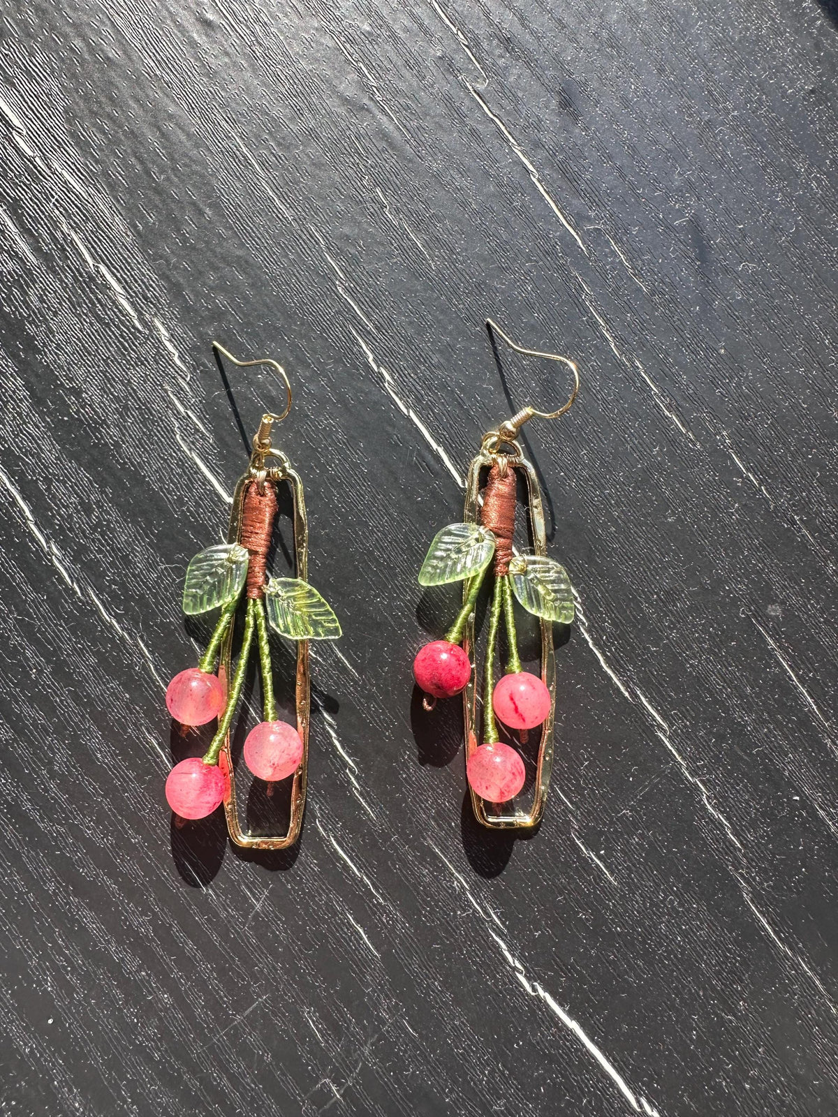 Handmade earings Gold Plated, with gemstone made cherry, size: 2 1/4” Length X 3/4” wide