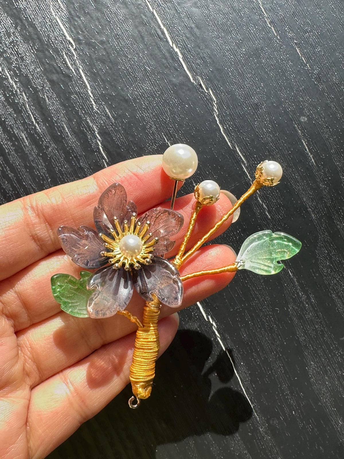 Handmade  brooch, gary color acrylic beads and gemstone beads with silk thread