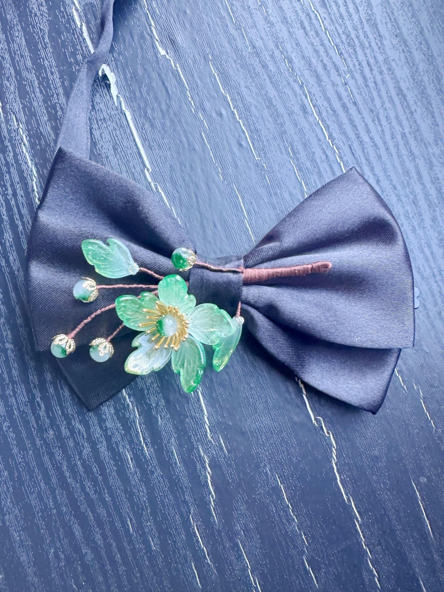 Handmade Bow Tie for women Men,Boys – Black Satin Bow Tie with green Color flower Blossom Branch – Asian Inspired Wedding Formal Accessory
