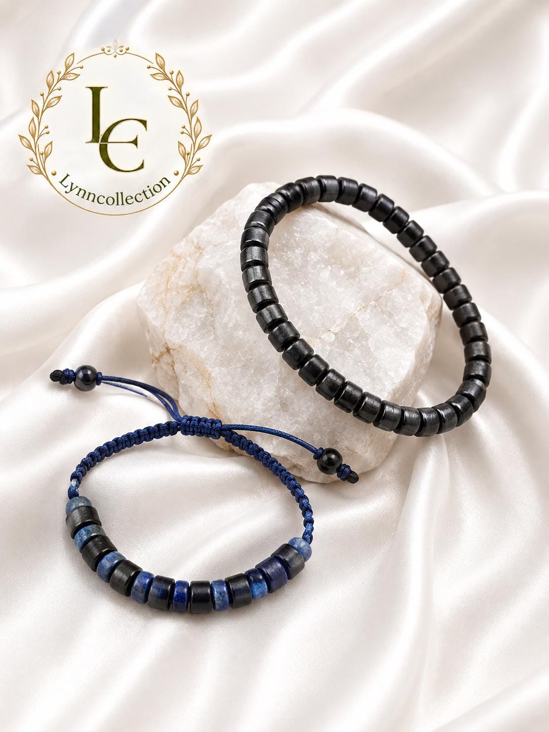 Bracelet for Him and Her,Lapis Lazuli annd sandalwood, Adjustable knot, two pieces bracelet