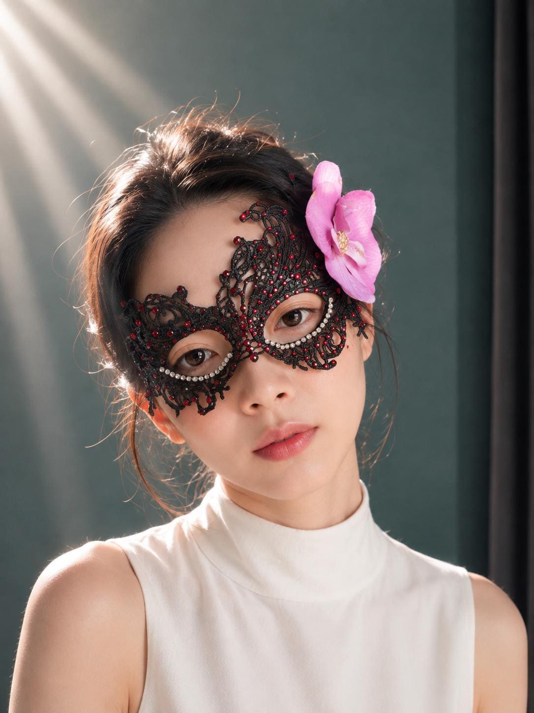 Lace masquerade Mask, with fabric Orchid flower and rhinestone, Masquerade Party mask, Halloween Party mask
