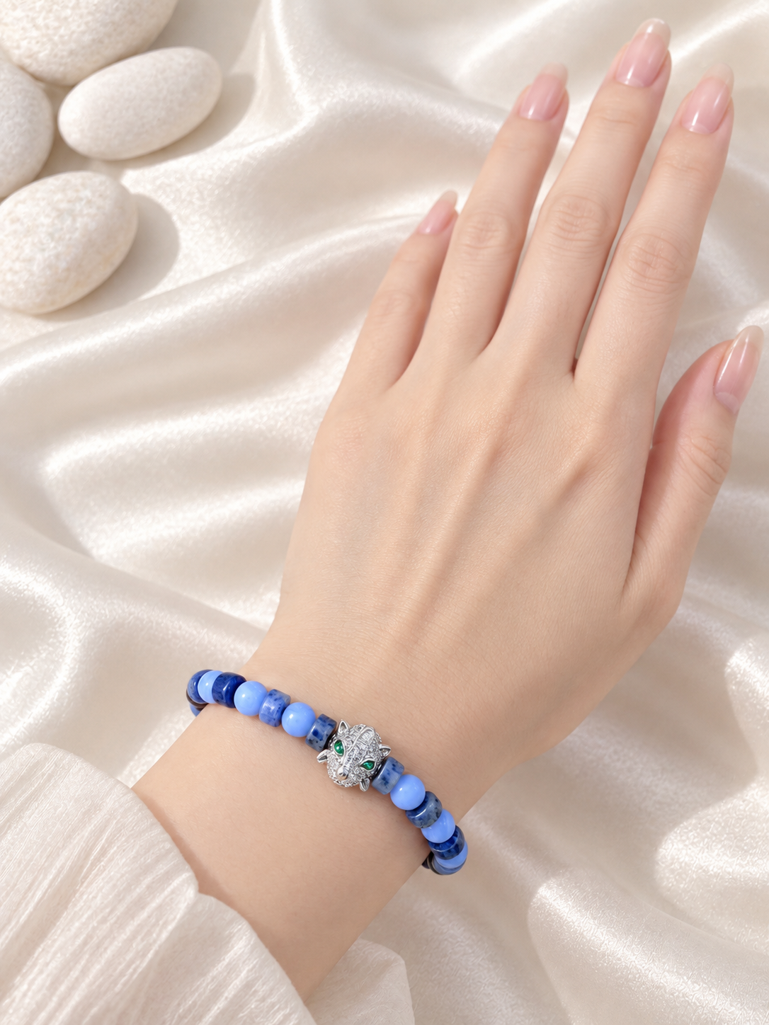 Handmade Bracelet for HIM OR HER.With  6mm Red Tiger’s eye, 6mm blue lace agate, Leopard Charms Spacer Bead, 2x6mm Blue and White Sodalite