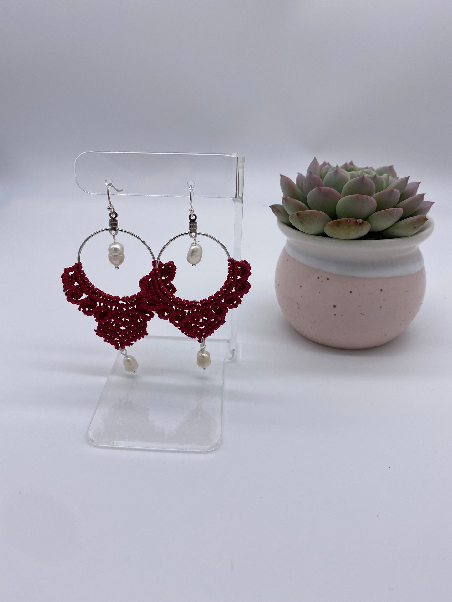 Red Macrame Dangle Earrings: Boho Tribal Jewelry
