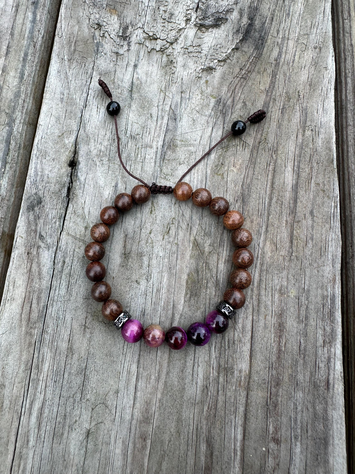 Bracelet for HIM AND HER, Made it with 8mm Sandalwoods and 8mm Purple Tiger’s Eye, Adjustable knotted cord