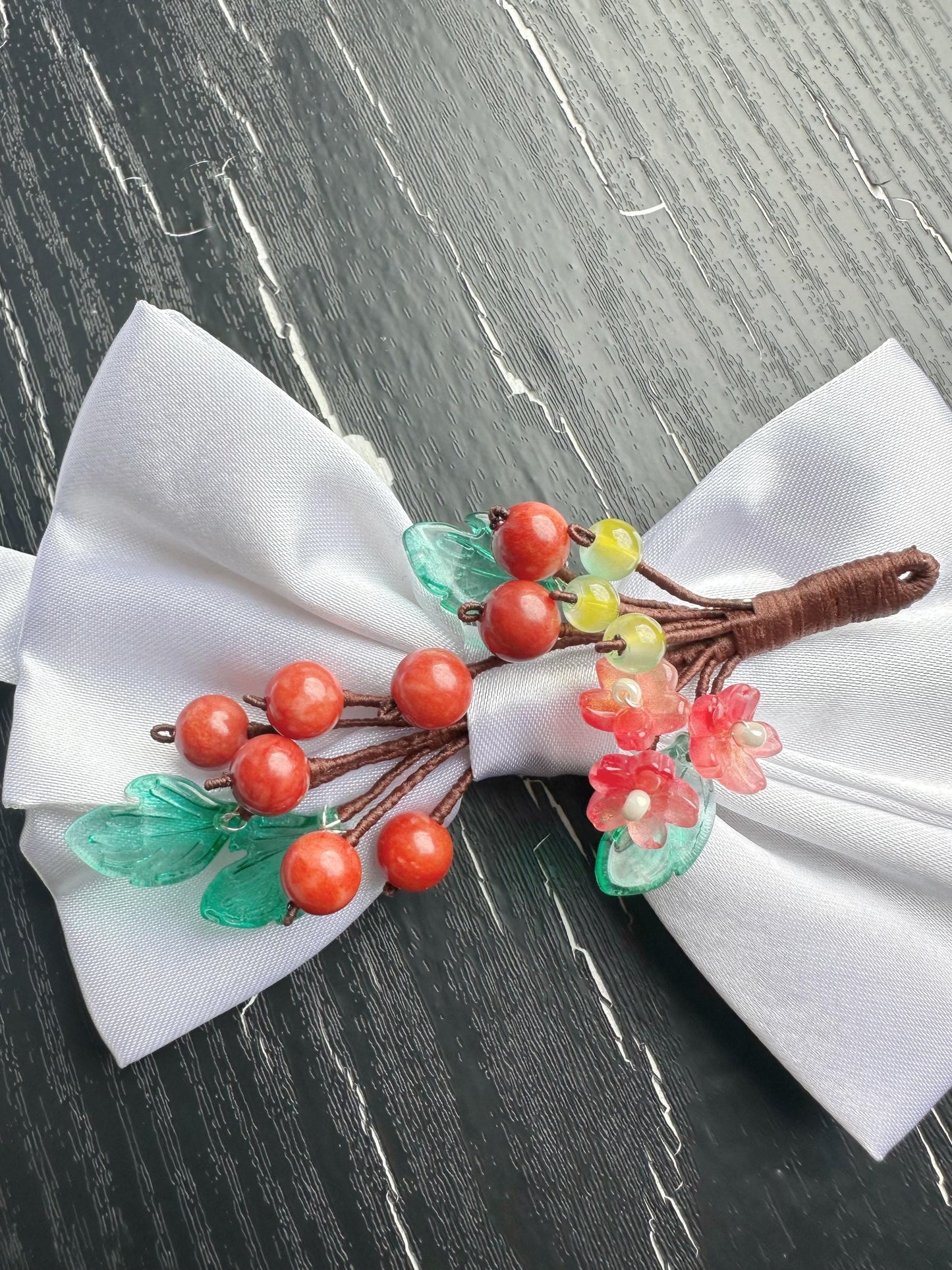 Handmade Bow Tie for women Men,Boys – White Satin Bow Tie with Red Coral beads made Cherry Branch – Asian Inspired Wedding Formal Accessory