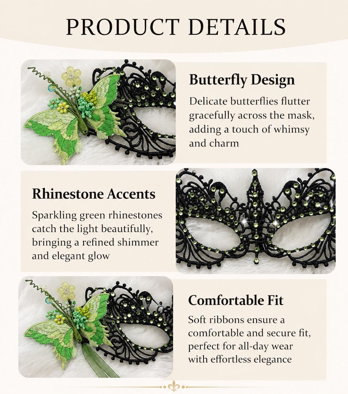 Handmade black lace masquerade mask with green color embroidered butterfly, green color rhinestones, and floral bead embellishments