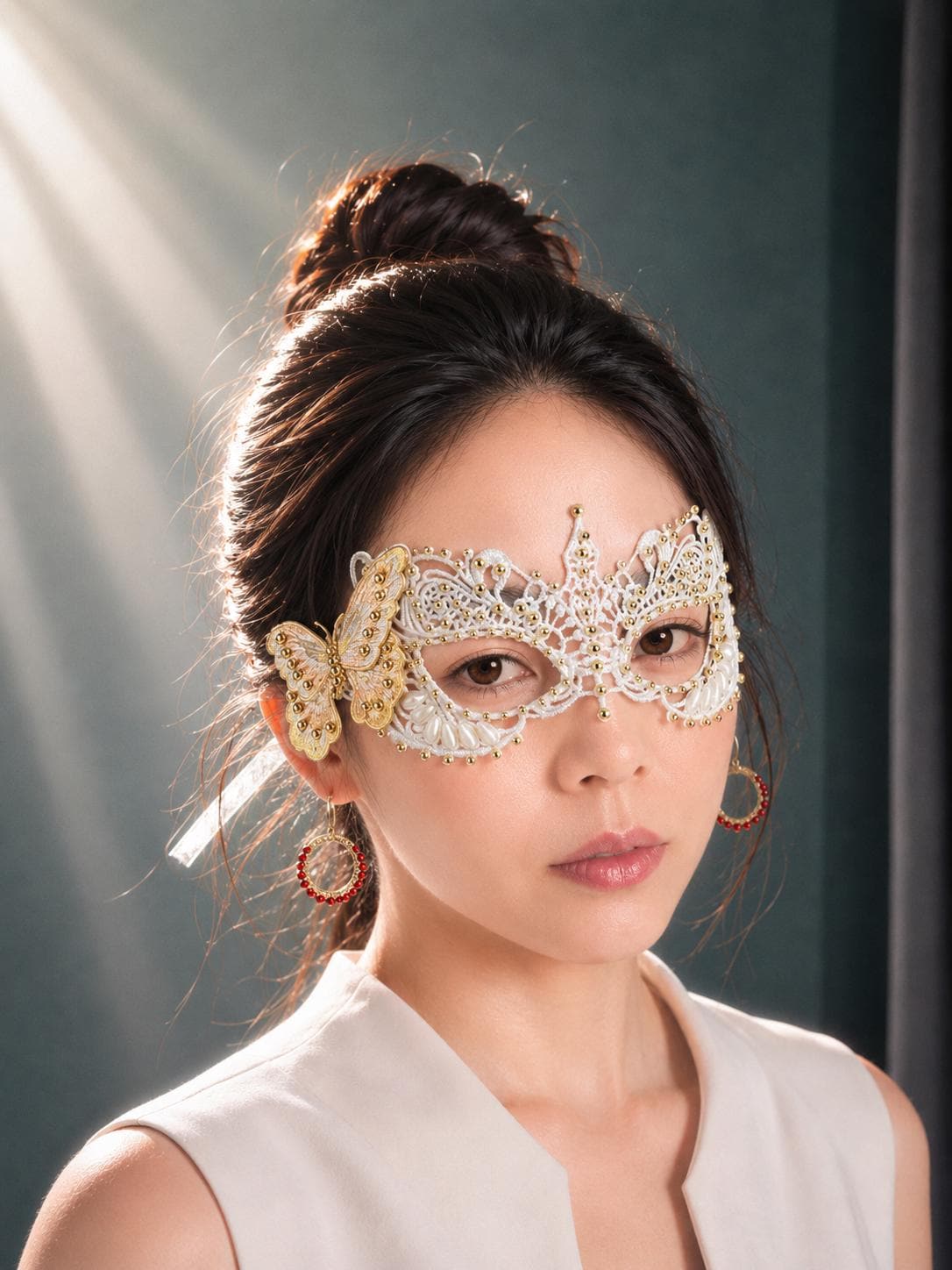 Embroidery butterfly Masquerade Mask, Women's Masquerade Mask, white Mask With gold resin beads and  Butterflies,Masquerade Ball Mask