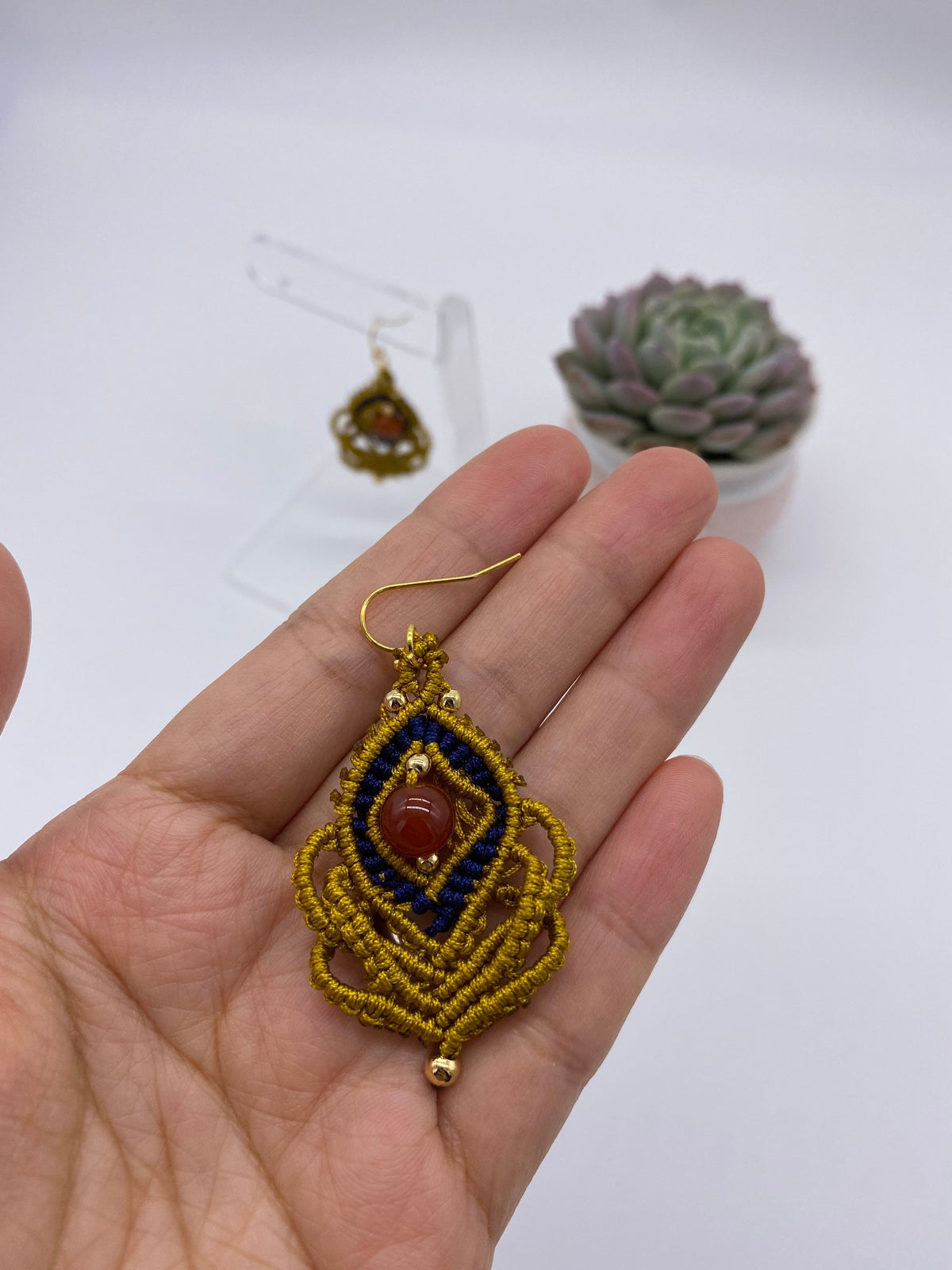 Handmade Macrame Dangle Earrings: Bohemian Gold Plated Hooks