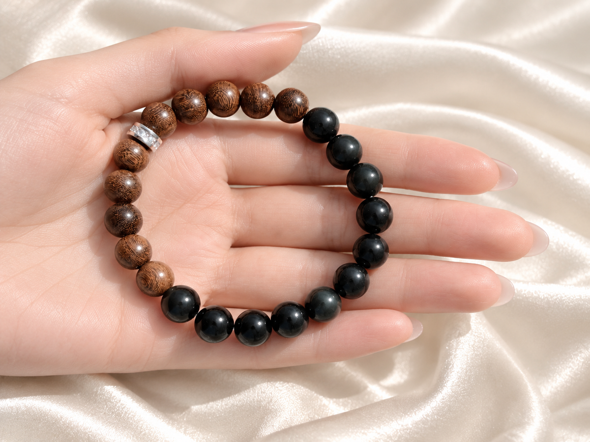 Beaded Bracelet for Him & Her, 8mm sandalwood, 8mm Natural Black Obsidian Elastic Stretch Cord