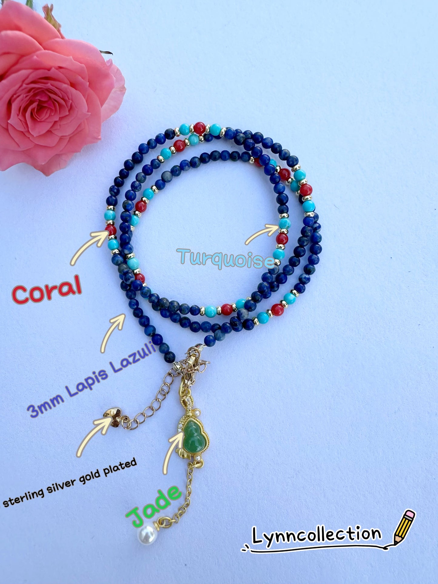 925 Sterling Silver gold plated with main stone 3mm Lapis Lazuli, Coral , Turquoise, Coral , made three row bracelet and 18inch length necklace ( two in one)