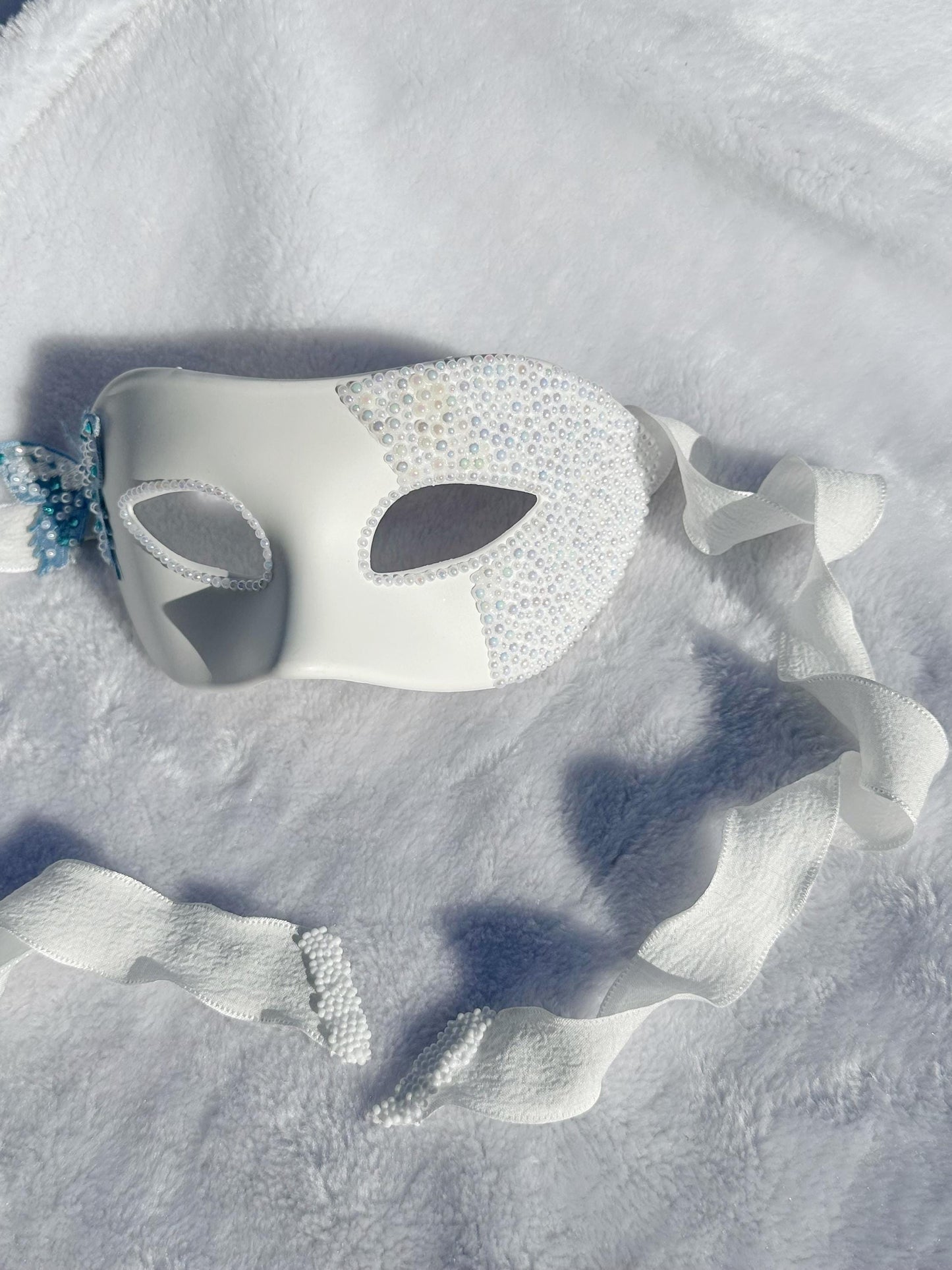 White Masquerade Mask with blue butterfly Venetian Style Mardi Gras Ball