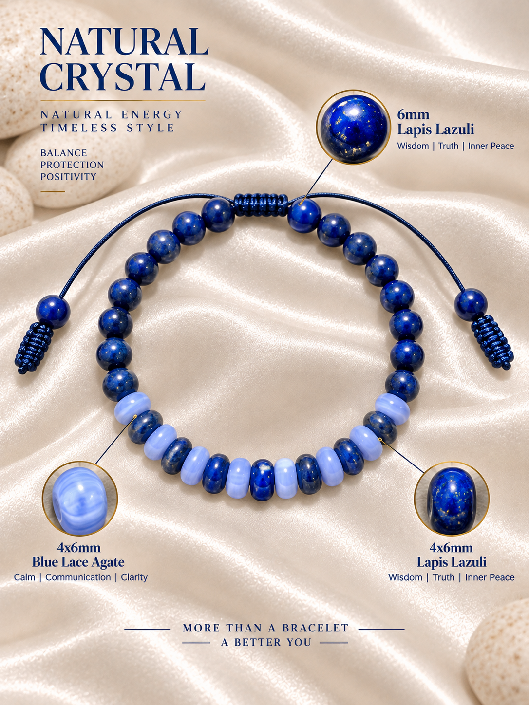 Handmade Bracelet for HIM OR HER. Made with lapis lazuli, blue lace agate, Adjustable knotted Cord