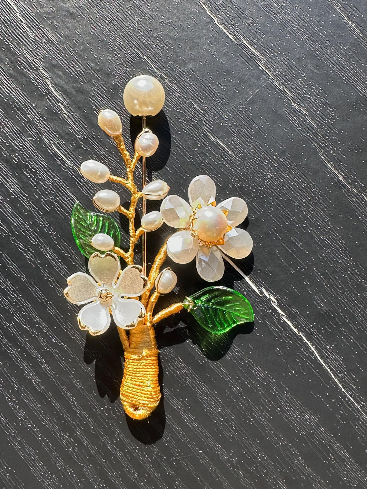 Handmade  brooch,  white color acrylic beads and freshwater pearls with gold color silk thread