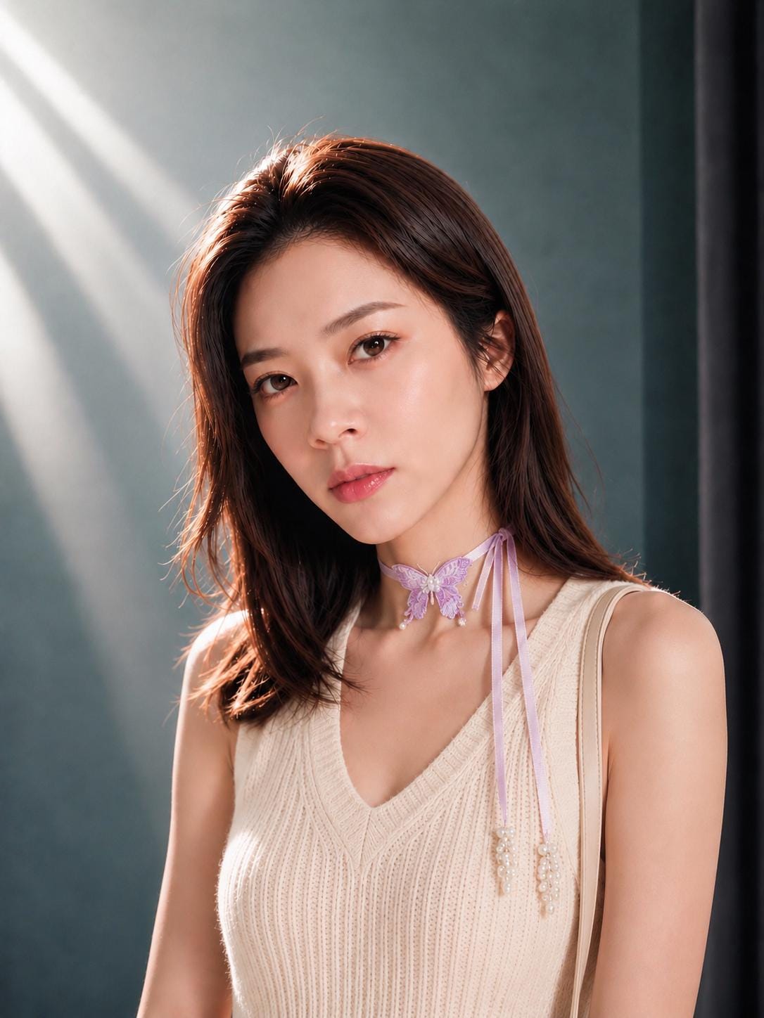 Handmade Choker featuring delicate hand-stitched embroidery of purple color butterfly, adorned with freshwater pearls and glass seed beads