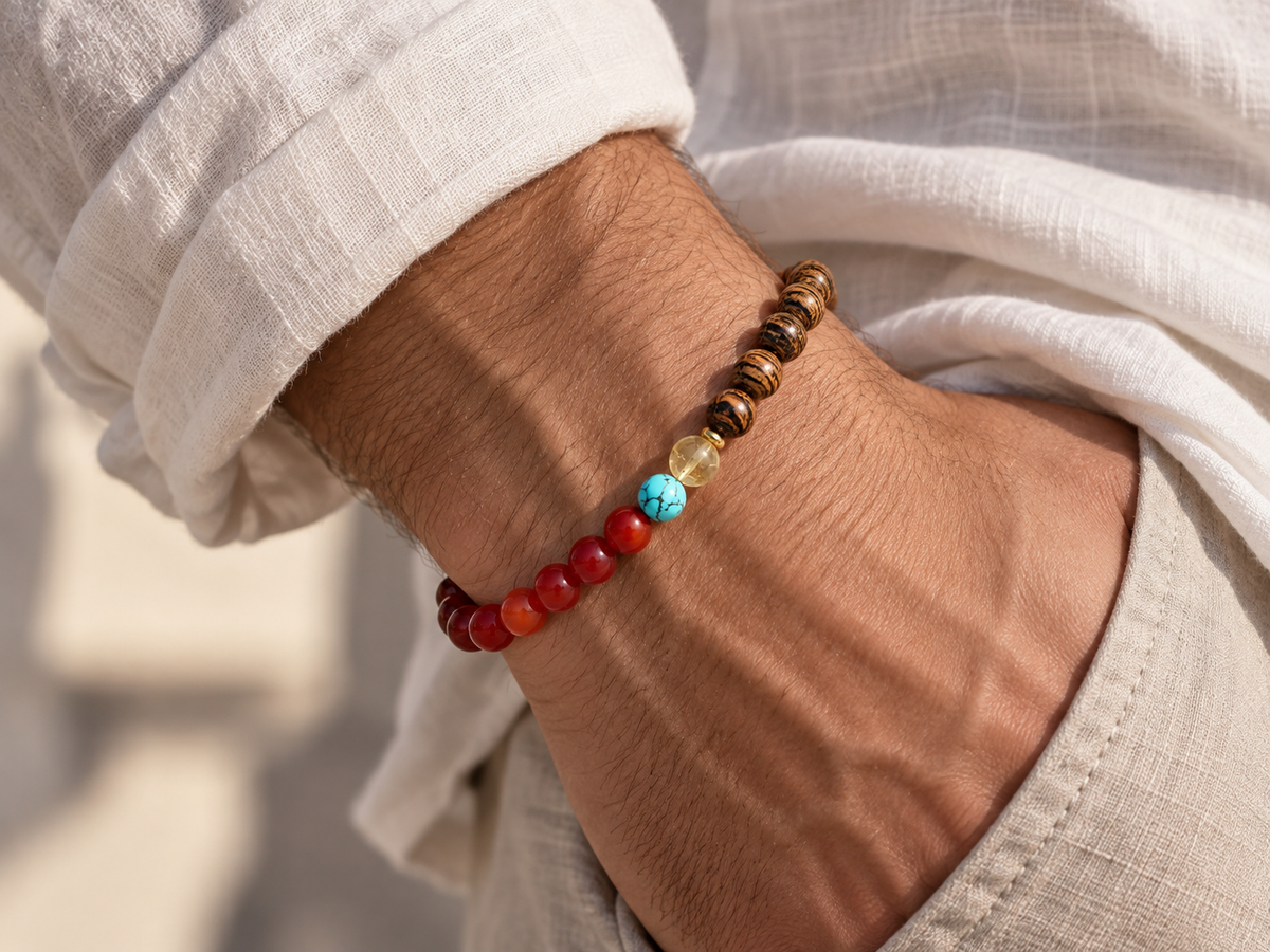 Bracelet for HIM AND HER, Made it with 6mm  Sandalwoods and 6mm nurture Red agate, 1pc Turquoise,1pc citrine crystalwith Elastic stretch cord