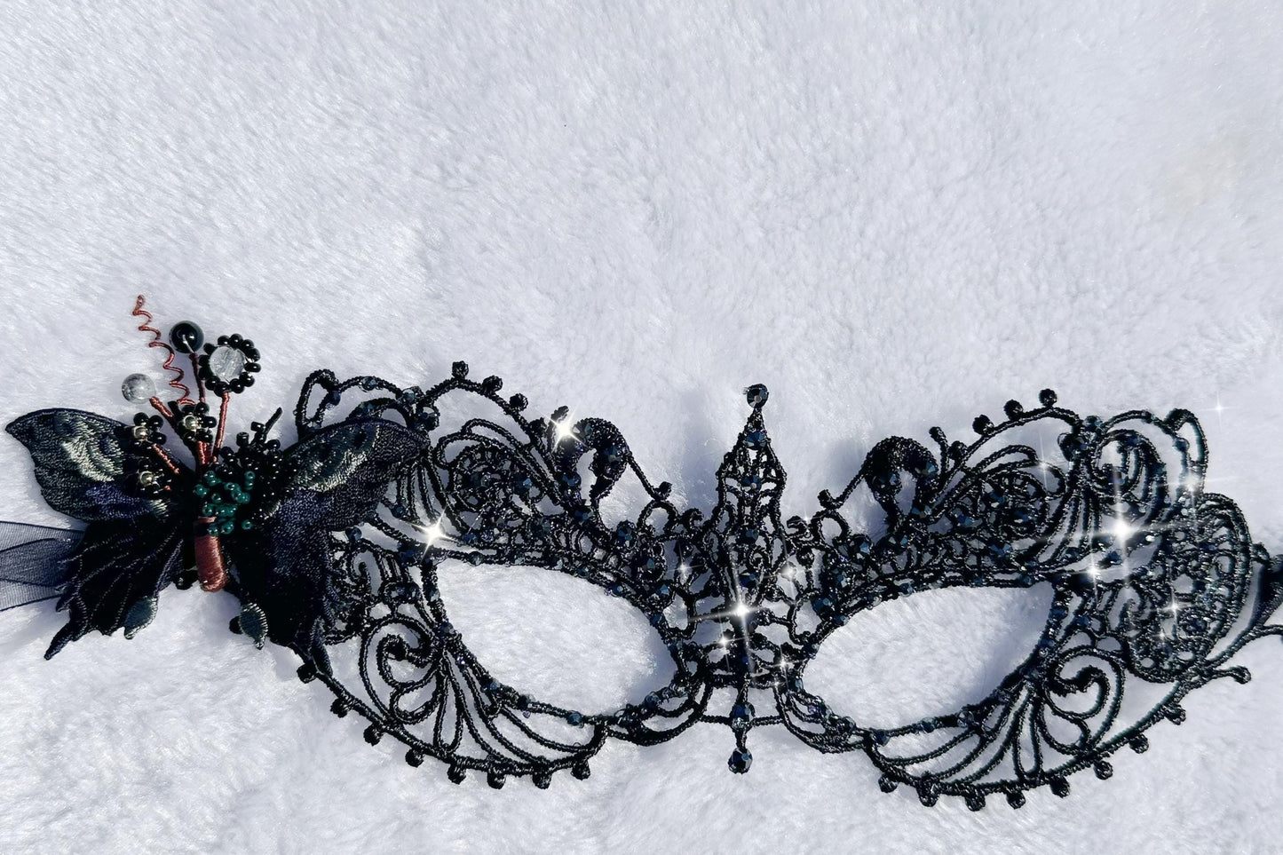One of a Kind Black Color Butterfly Mask, Handmade Black Lace Masquerade Mask, Venetian Eye Mask with Crystal Rhinestones