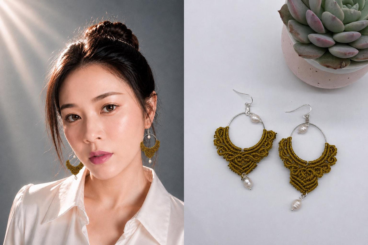 Gold Macrame Dangle Earrings: Bohemian Tribal Jewelry