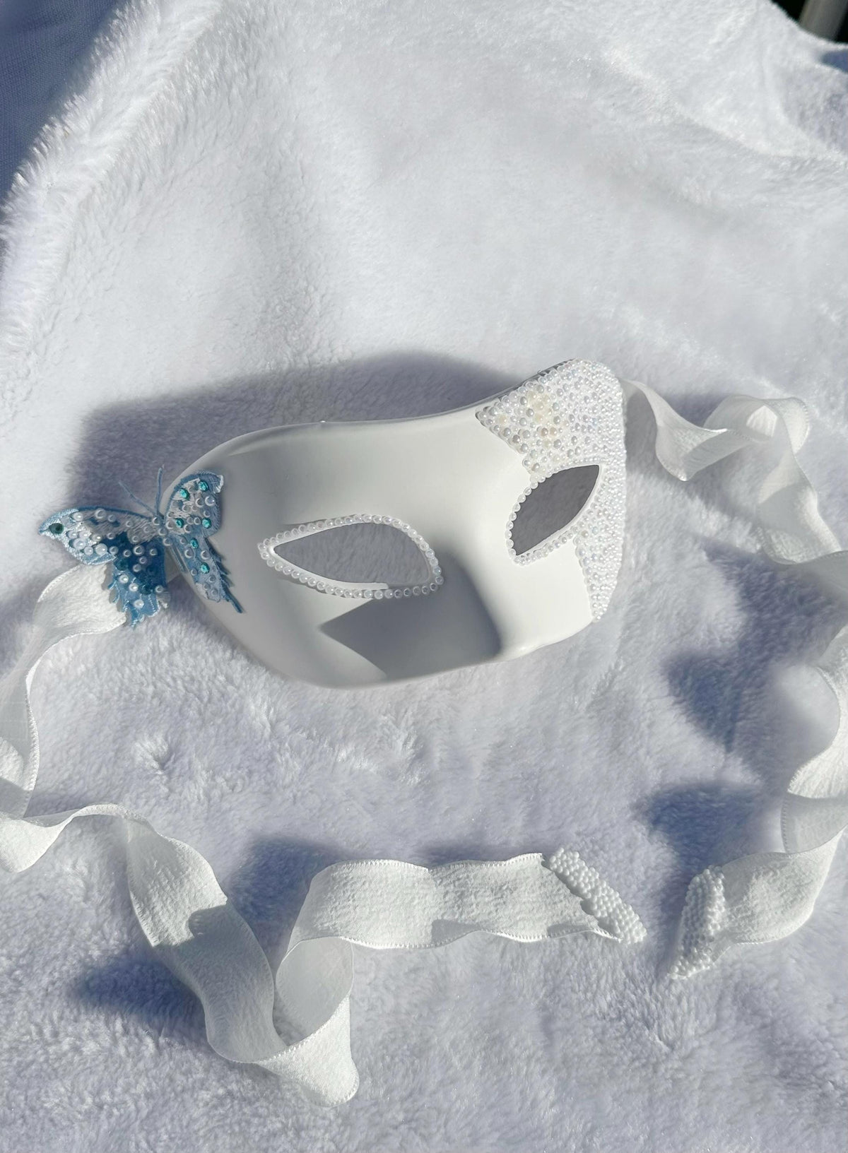 White Masquerade Mask with blue butterfly Venetian Style Mardi Gras Ball
