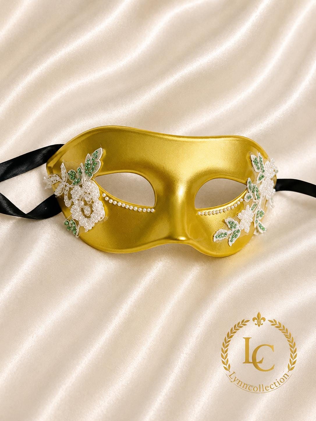 Gold Masquerade Mask with White Lace: Venetian Style Ball Mask