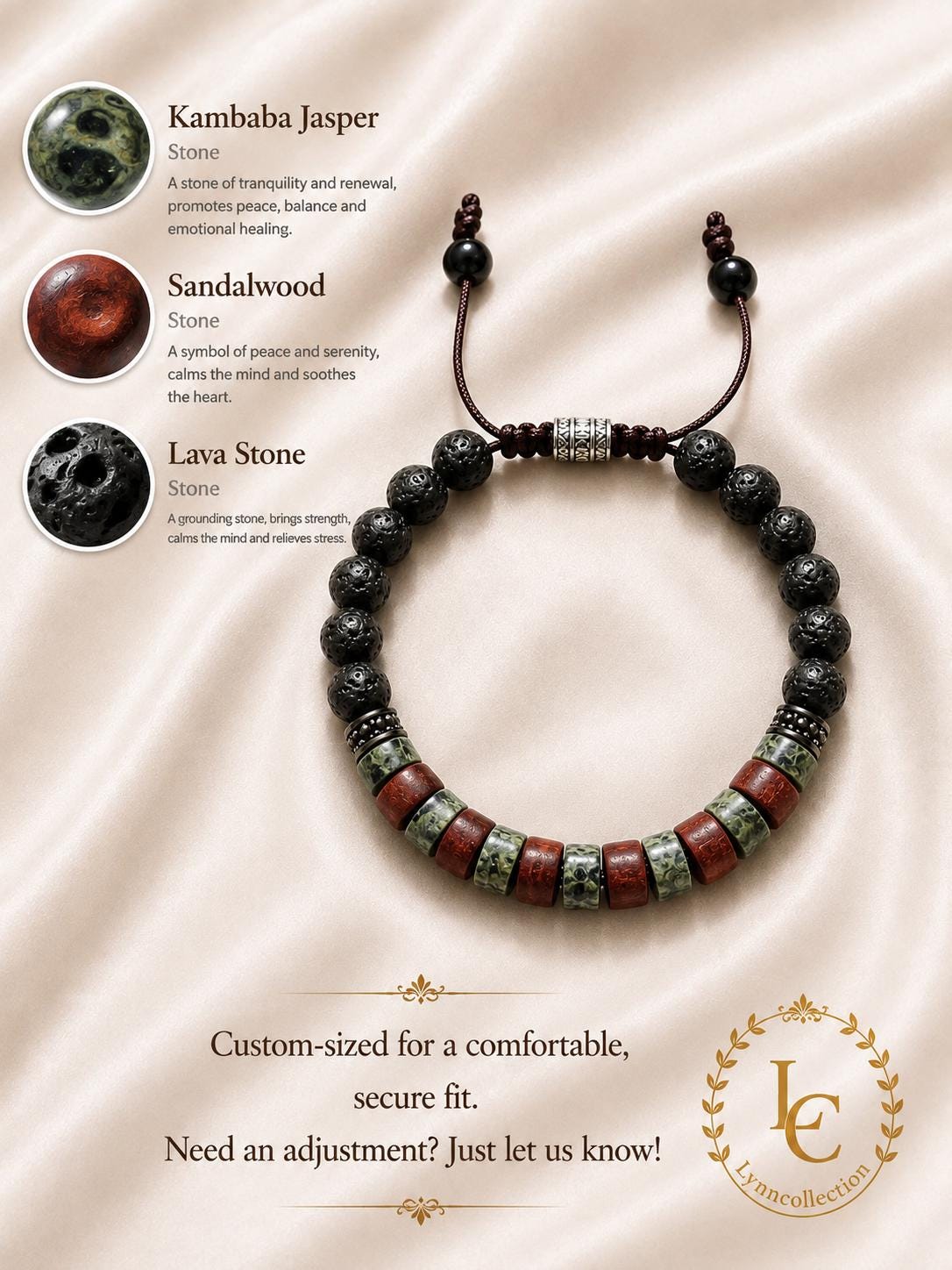 Beaded Bracelet for Him and Her – Kambaba Jasper, Sandalwood, Lava Stones, Adjustable