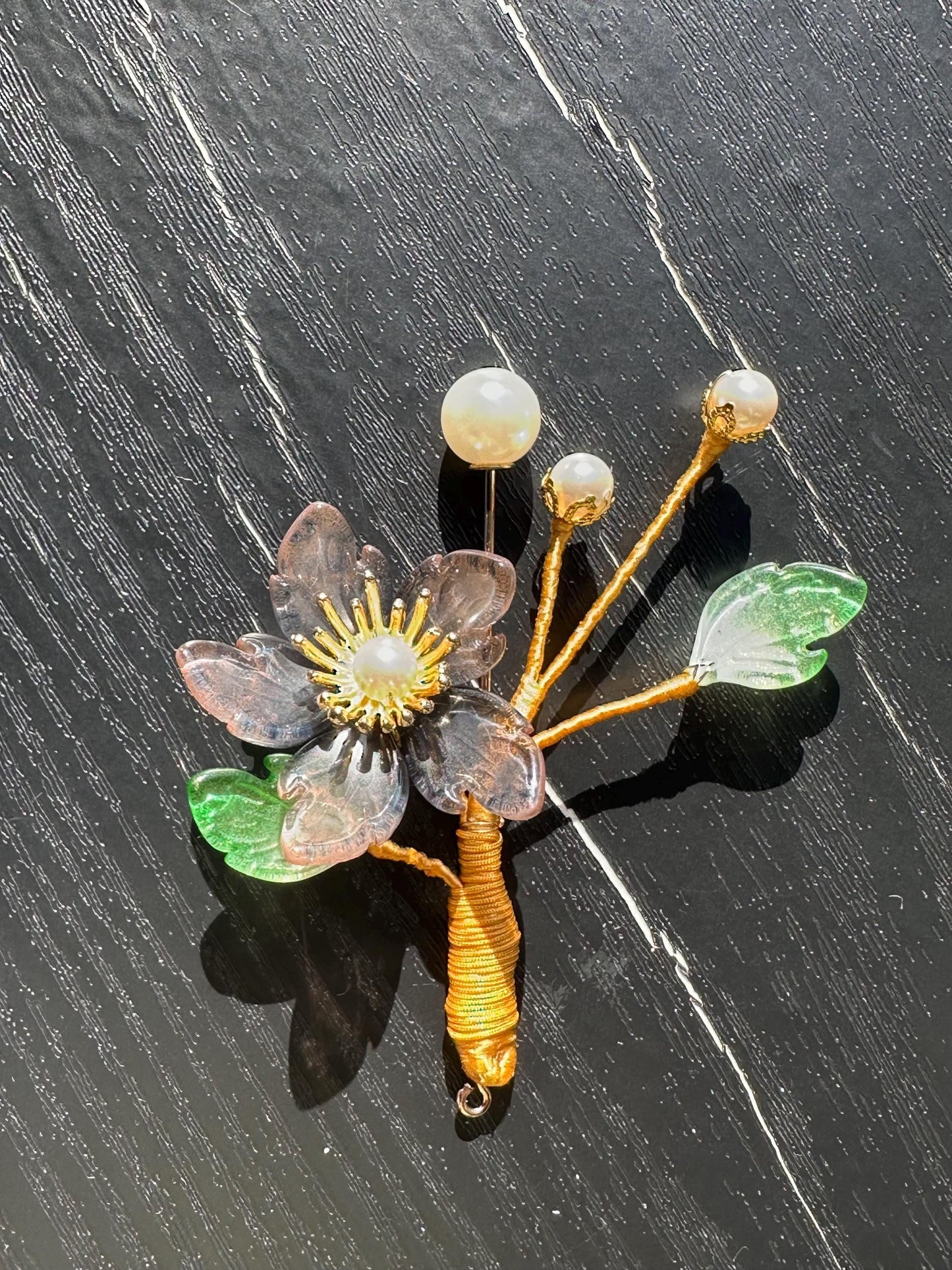 Handmade  brooch, gary color acrylic beads and gemstone beads with silk thread