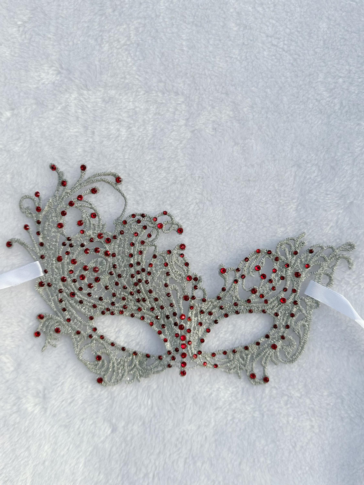 Lace Masquerade Mask: Red Rhinestones, Embroidery, Elastic Ribbon