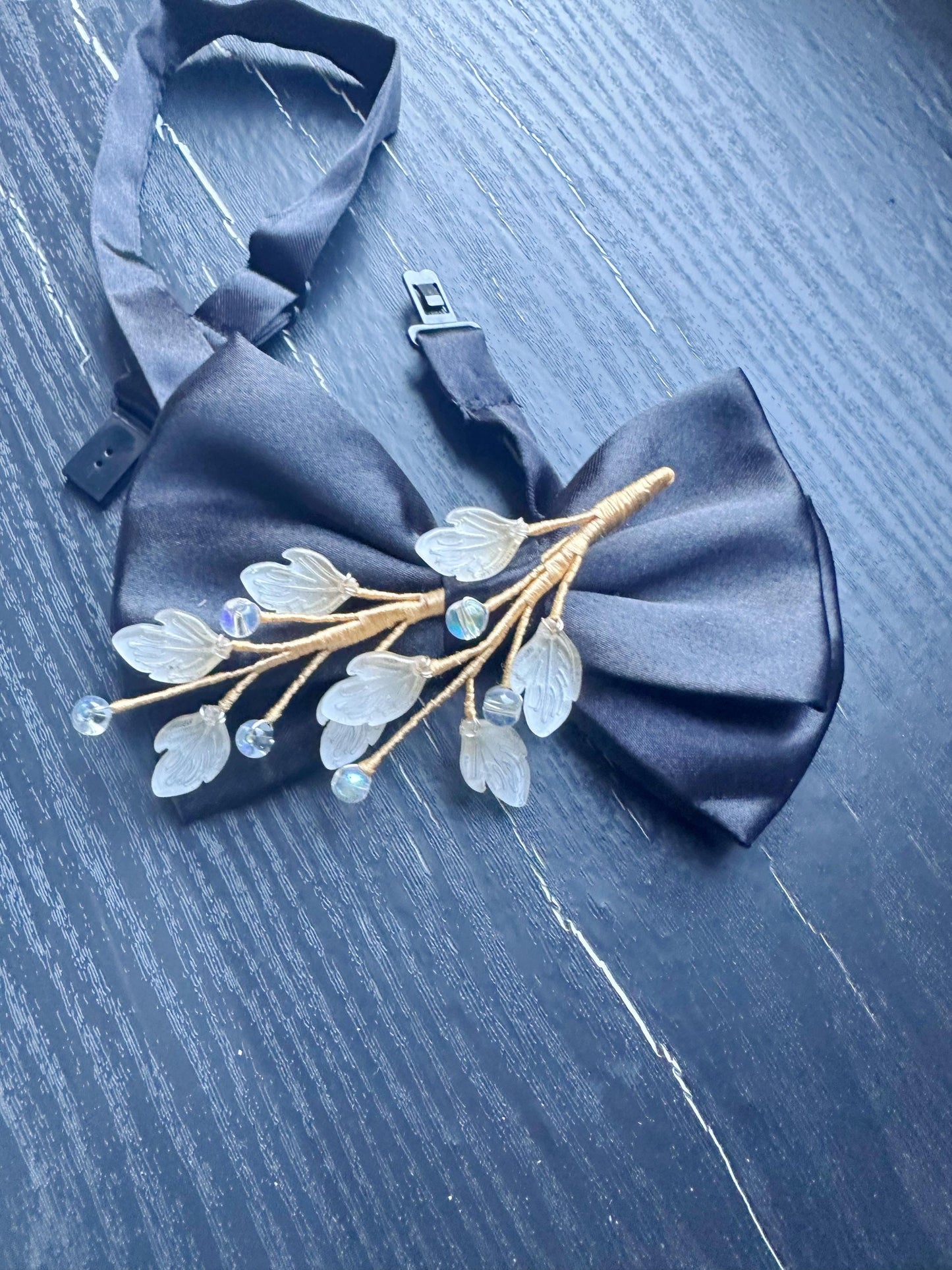 Handmade Bow Tie for women Men,Boys – Black Satin Bow Tie with light yellow leaf Branch – Asian Inspired Wedding Formal Accessory