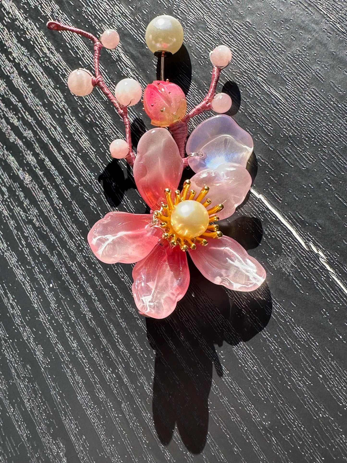 Handmade  brooch, pink color acrylic beads and gemstone beads with silk thread