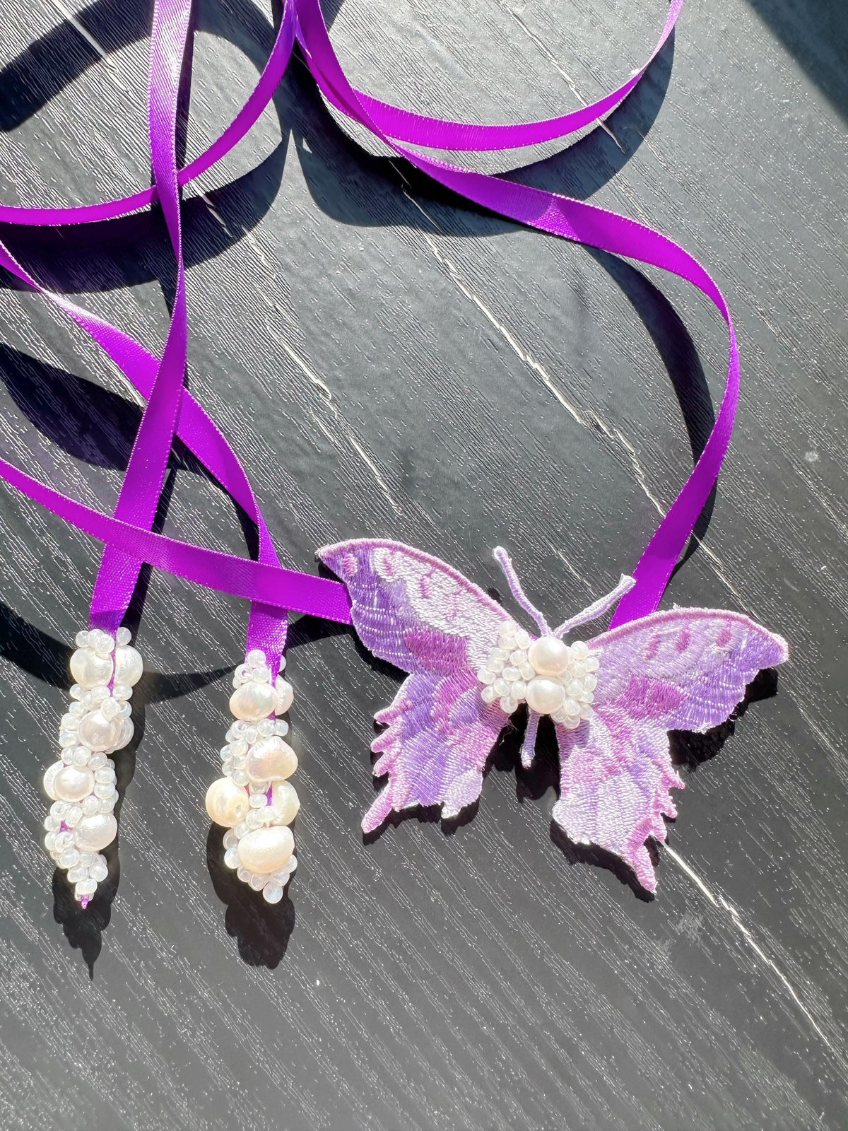 Handmade Choker featuring delicate hand-stitched embroidery of purple color butterfly, adorned with freshwater pearls and glass seed beads