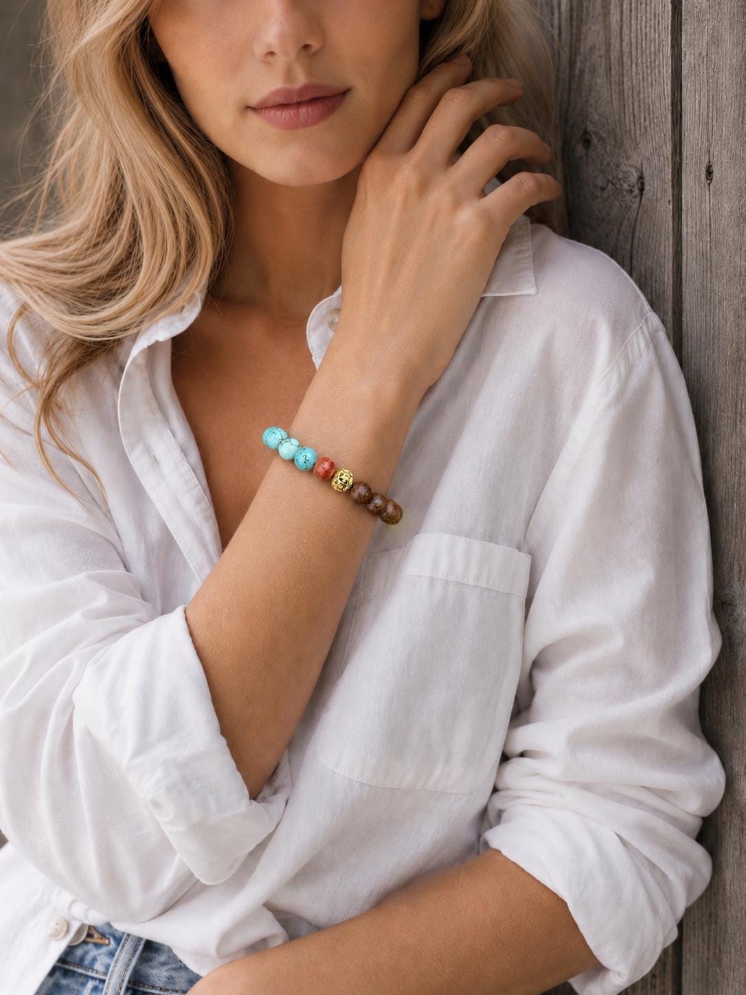 Beaded Bracelet , 8mm turquoise, sandalwood made Bracelet – adjustable Knotted Bracelet for HIM & HER.