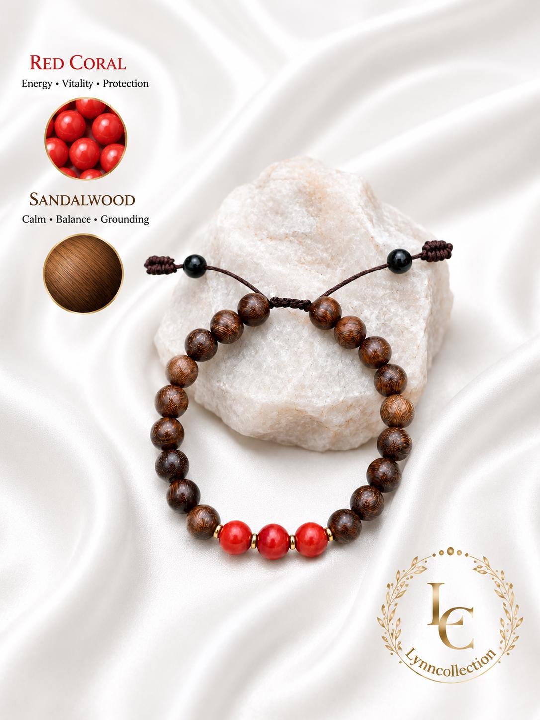 Bracelet for HIM AND HER, Made it with 8mm Sandalwoods and 8mm Red Coral, Adjustable knotted cord