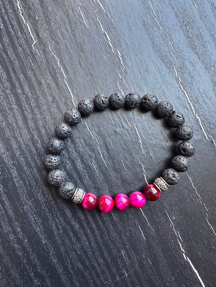 Gemstone Bracelet For Him And her: Lava stone, rose tiger eye, and tibetan Silver spacer beads.
